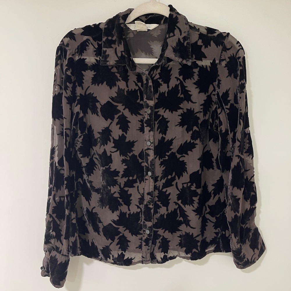 Express Vintage Silk Blend Devore Burnout Velvet Leaf Shirt Womens M Black Grey